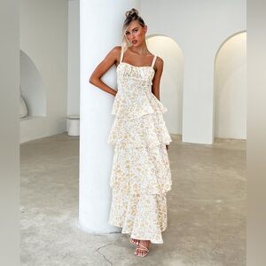 Provence Bloom Tiered Midi Dress Floral Yellow